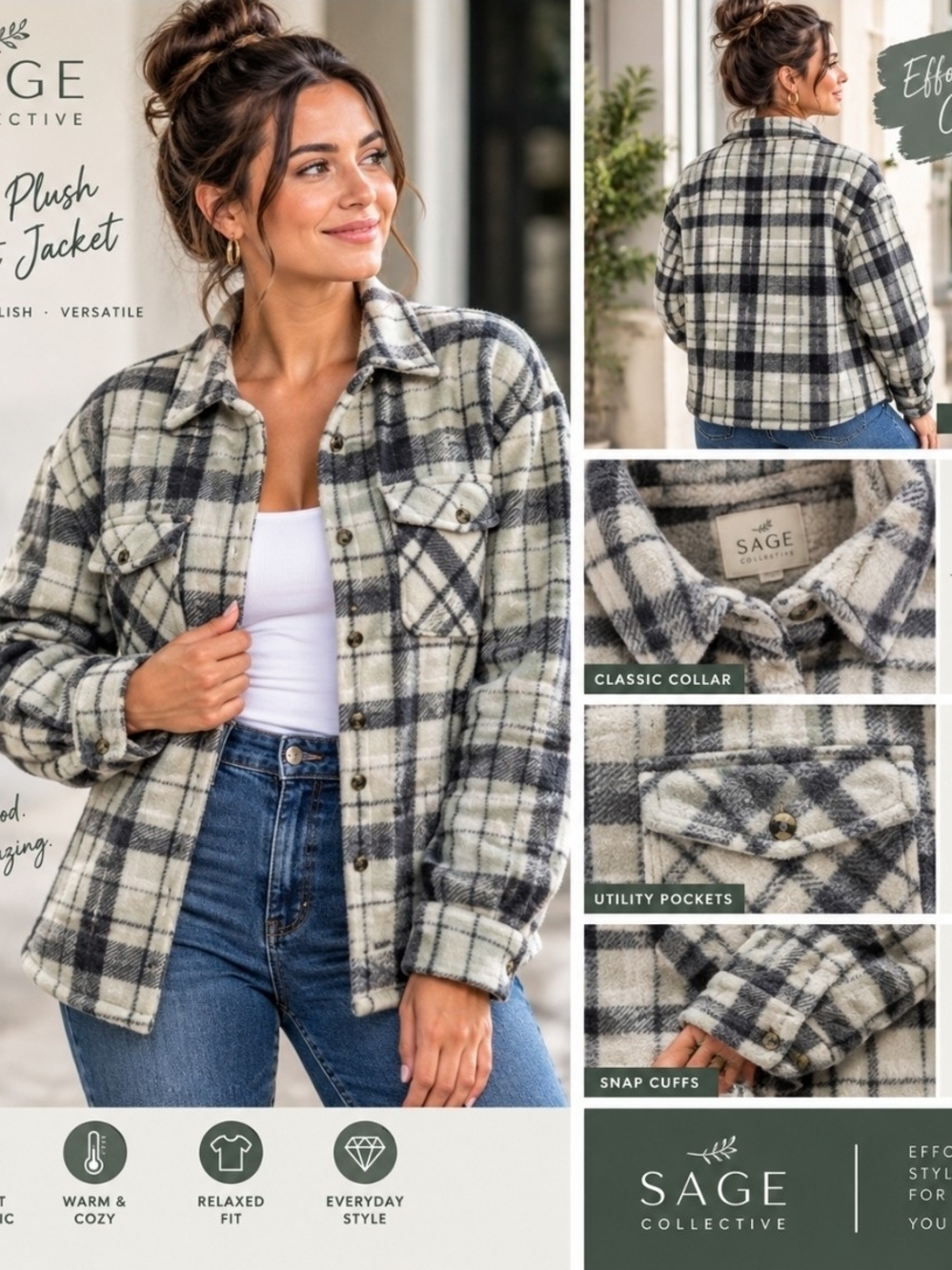 Sage Collective Women's White & Black Plaid Plush Shirt Jacket / Shacket Size XL
